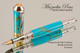 Handmade Fountain Pen Handcrafted from Turquoise and Gold TruStone with Rhodium and Gold finish.  Cap view of pen and cap.
