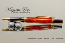 Handmade Ballpoint Pen from Bloodwood with Black Titanium and Gold Accents - Looking from Side of Ballpoint Pen
