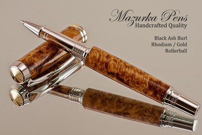 Handmade Rollerball Pen handcrafted from Black Ash Burl wood Rhodium and Gold finish. 