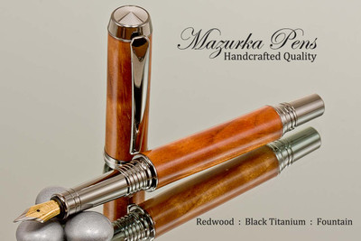 Hand Made Fountain Pen made from Redwood Burl with Black Titanium and Chrome finish.  Nib view of pen and cap.
