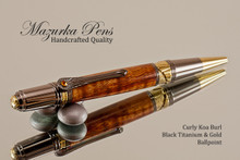 Handmade Ballpoint Pen, Curly Koa Ballpoint Pen, Black Titanium and Gold Finish 