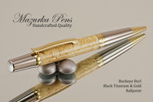 Handmade Ballpoint Pen, Buckeye Burl with Black Titanium and Gold Finish - Main view of Ballpoint Pen