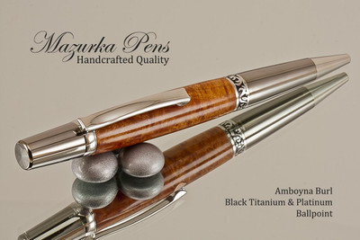 Handmade Ballpoint Pen, Amboyna Burl Wall Street II Pen, Black Titanium and Platinum Finish - Looking from main view of Ballpoint Pen