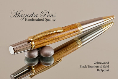 Handcrafted pen made from Zebrawood with Black Titanium & Gold finish.  Top view of pen
