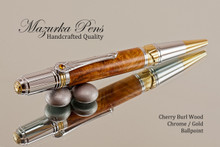 Handmade Ballpoint Pen, Cherry Burl, Chrome and Gold Finish 