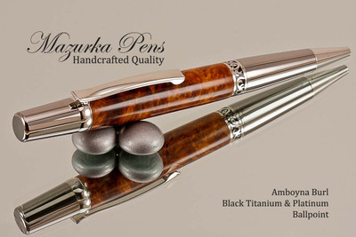 Handmade Ballpoint Pen, Amboyna Burl with Black Titanium and Platinum Finish - Top view of Ballpoint Pen