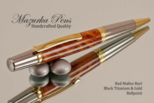 Handmade Ballpoint Pen, Red Mallee Burl, Black Titanium and Gold Finish - Looking from Top of Ballpoint Pen