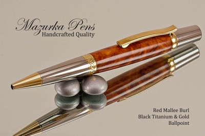 Handmade Ballpoint Pen, Red Mallee Burl, Black Titanium and Gold Finish - Looking from Tip of Ballpoint Pen