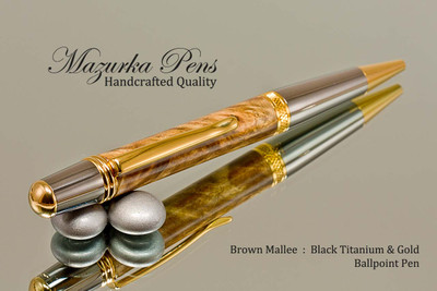 Handmade Ballpoint Pen, Brown Mallee Burl, Black Titanium and Gold Finish - Looking from Top of Ballpoint Pen