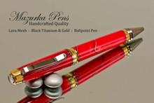 Handcrafted pen made from Red Lava Mesh Acrylic with Black Titanium finish with Gold accents.  Handcrafted pen by our artist.  Top view of pen,