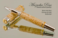 Hand Made Rollerball Pen made from Black Ash Burl with Gold and Chrome finish.  Main view of pen.