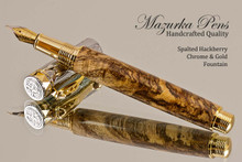 Handcrafted wood pen made from Spalted Hackberry wood with Chrome and Gold finish.  Cap view of pen and cap.
