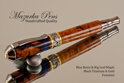 Handmade Blue Resin / Big Leaf Maple Burl Fountain Pen with Black Titanium / Gold trim. 