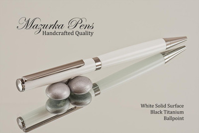 Handcrafted pen made from White Solid Surface material with Black Titanium finish.  Main view of pen