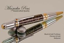 Handmade Ballpoint Pen, Black and Gold TruStone Art Deco Ballpoint Pen, Gold and Chrome Finish - Looking from main view of Ballpoint Pen