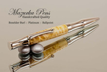 Handcrafted pen made from Boxelder Burl with Platinum finish.  Top view of pen