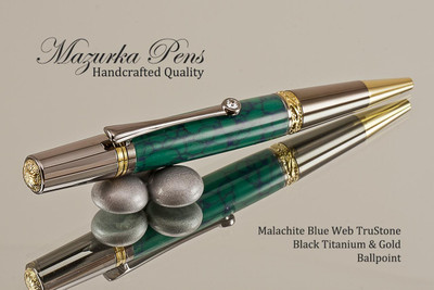 Handcrafted pen made from Malachite TruStone with Black Titanium & Gold finish.  Back view of pen