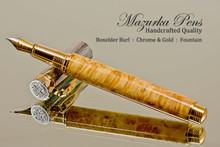 Hand Made Fountain Pen made from Boxelder Burl with Gold and Chrome finish.  Tip view of pen and cap.