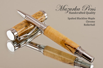 Hand Made Rollerball Pen made from Spalted Blackline Maple with Chrome finish.  Main view of pen and cap.