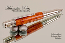 Handmade Ballpoint Pen made from Amboyna Burl with Stainless Steel finish.  Top view of pen.