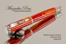 Handmade Rollerball Pen Handcrafted from Red-Orange TruStone with Polished Stainless Steel finish.  Main view of pen and cap.