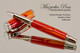 Handmade Rollerball Pen Handcrafted from Red-Orange TruStone with Polished Stainless Steel finish.  Side view of pen and cap.