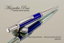 Handmade Ballpoint Pen, Blue Lapis and Pyrite TruStone Pen, Chrome & Satin Chrome Finish - Looking from Top of Ballpoint Pen