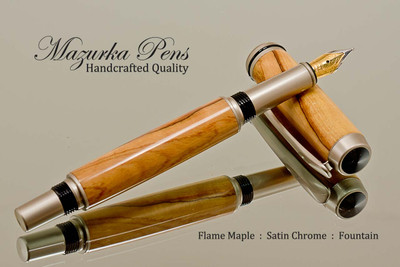 Handcrafted Fountain Pen made from Flame Maple with Satin Chrome and Black finish.  Nib view of pen and cap