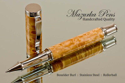Handmade Rollerball Pen Handcrafted from Boxelder Burl with Polished Stainless Steel finish.  Tip view of pen and cap.