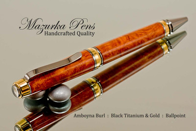 Handmade Ballpoint Pen, Amboyna Burl with Black Titanium and Gold Finish - Top view of Ballpoint Pen