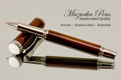 Handmade Rollerball Pen Handcrafted from Ziricote with Polished Stainless Steel finish.  Tip view of pen and cap.