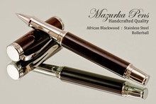 Handmade Rollerball Pen Handcrafted from African Blackwood with Polished Stainless Steel finish.  Main view of pen and cap.