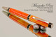 Handcrafted pen made from swirling Orange and Yellow Acrylic with Satin Chrome finish and Black accents.  Handcrafted pen by our artist.  Top view of pen,