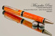 Handcrafted pen made from swirling Orange and Yellow Acrylic with Satin Chrome finish and Black accents.  Handcrafted pen by our artist.  Tip view of pen,