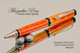 Handcrafted pen made from swirling Orange and Yellow Acrylic with Satin Chrome finish and Black accents.  Handcrafted pen by our artist.  Side view of pen,