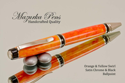 Handcrafted pen made from swirling Orange and Yellow Acrylic with Satin Chrome finish and Black accents.  Handcrafted pen by our artist.  Top of the pen,