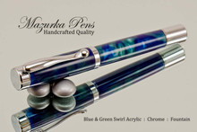 Handmade acrylic pen made from blue and green swirl acrylic.  Handcrafted Fountain Pen - made in our shop, no two alike.  Main view of pen body