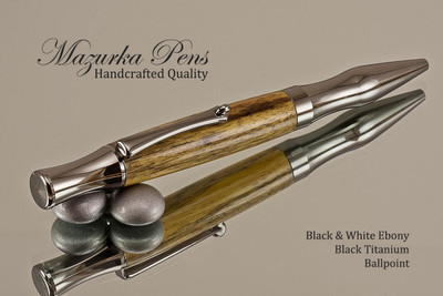 Handcrafted pen made from Black & White Ebony with Black Titanium  finish.  Main view of pen cap.