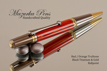 Handmade Ballpoint Pen, Red / Orange TruStone with Black Titanium and Gold Finish - Main view of Ballpoint Pen