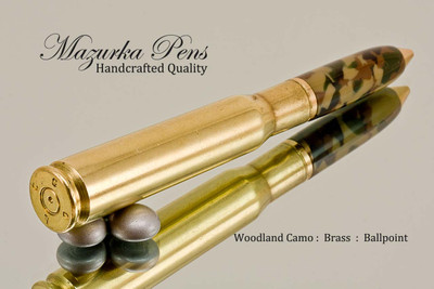 Handcrafted Ballpoint Pen, .50 Caliber Bullet Pen, Brass Finish - Looking from Top of Pen, Woodland Camo