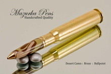 Handcrafted Ballpoint Pen, .50 Caliber Bullet Pen, Brass Finish - Looking from Tip of Pen, Desert Camo