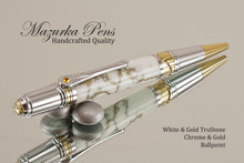 Handmade Art Deco Ballpoint Pen, White and Gold TruStone Art Deco Ballpoint Pen, Gold and Chrome Finish - Looking from main of Ballpoint Pen