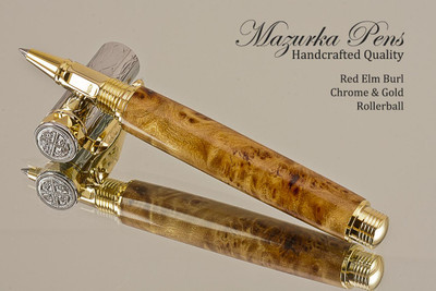 Hand Made Rollerball Pen made from Red Elm Burl with Gold and Chrome finish.  Main view of pen and cap.