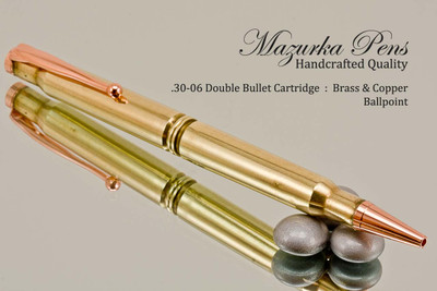 Handmade Double 30-06 Caliber Ballpoint Bullet Cartridge Pen, Brass Finish - Looking from Bottom Side of Pen on Mirror