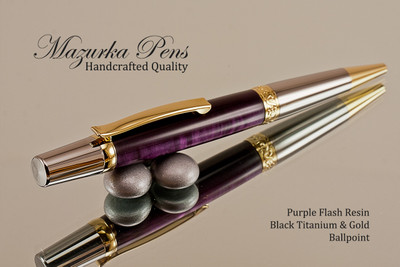 Handmade Ballpoint Pen, Purple Flash Resin with Black Titanium and Gold Finish 