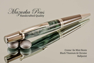 Handmade Creme 'de Mint Resin Ballpoint Pen with Black Titanium and Chrome finish.  Main view of the pen.