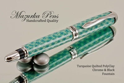 Handmade Writing Instrument Fountain Pen Turquoise Quilted Polymer Clay, Chrome Finish - End View