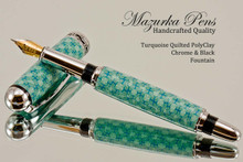 Handmade Writing Instrument Fountain Pen Turquoise Quilted Polymer Clay, Chrome Finish - Nib View