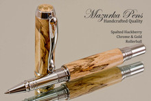 Handmade Rollerball Pen handcrafted from Spalted Hackberry wood Chrome and Gold finish.  Main view of pen.