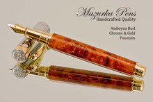 Hand Made Fountain Pen made from Amboyna Burl with Chrome and Gold finish.  End view of pen and cap.